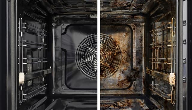 Hisense-uunin sisäpuoli, kuva ennen itsepuhdistustilaa ja sen jälkeen