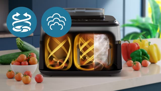 Illustration af Philips Airfryer 5000‑seriens RapidAir Plus‑teknologi