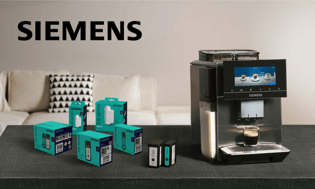 Siemens-kahvikone ja lisätarvikkeet sekä tuotemerkin logo