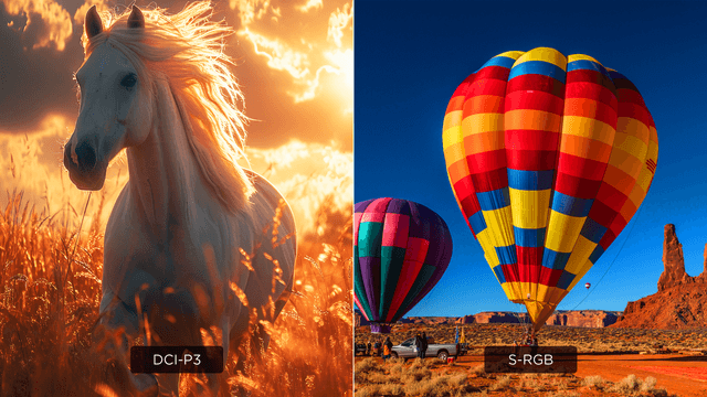 Illustrasjon av TCL Mini LED PC-skjermens to fargemoduser, vist gjennom bilder av en hest og en luftballong