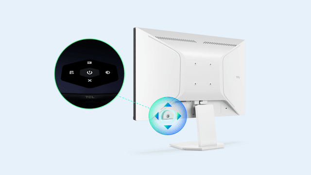 Baksiden av TCL Mini LED PC-skjerm og dens femveis joystic-knapp 