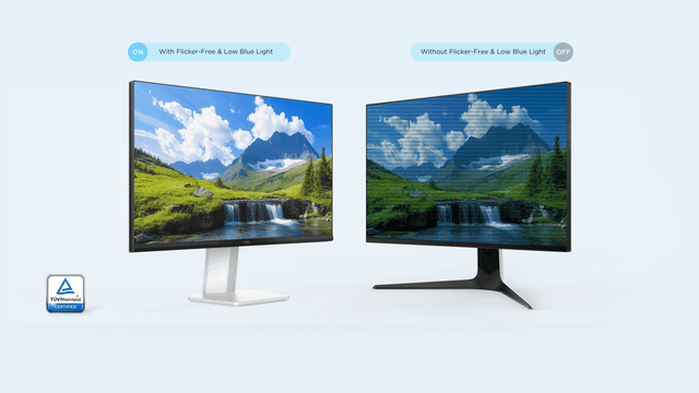 Sammenligning av to PC-skjermer med og uten øyebeskyttelsesmodus