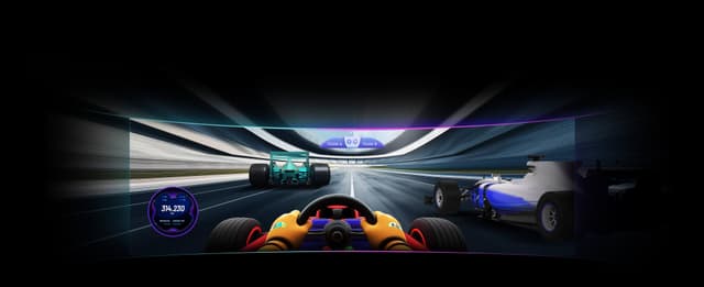 Den buede TCL 57R94 Mini LED-skjermen viser en scene fra et PC-spill