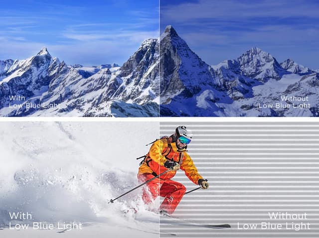 Bilde på skjerm av skiløper og fjelltopp viser forskjellen med og uten low blue light-funksjonen