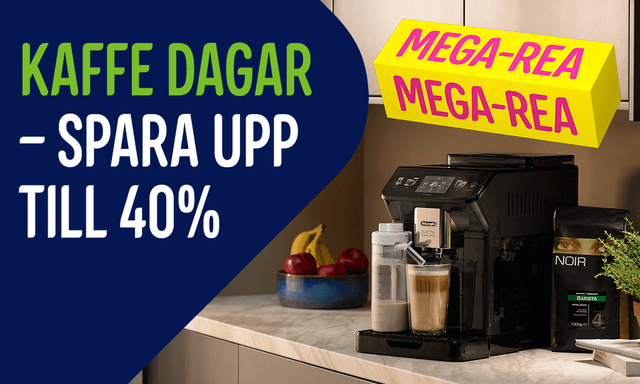 Bild på kaffebryggare och texten; Kaffe dagar – Spara upp till 40%.