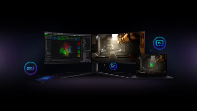 TCL QD mini LED skærm der viser dataoverførsel, skærm og opladning i ét