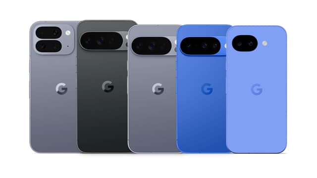 En samling av Pixel-smarttelefoner mot en hvit bakgrunn