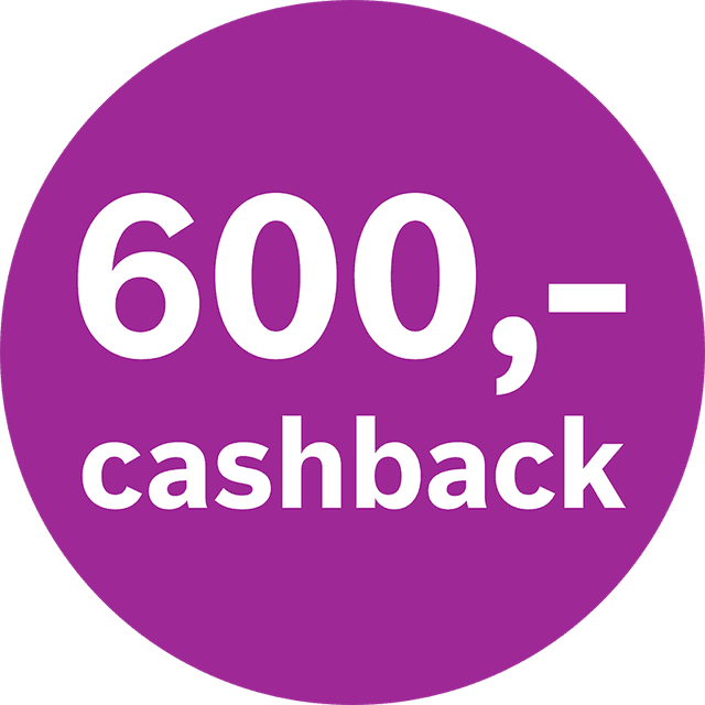 Cashback 600 kroner logo i lilla og hvid