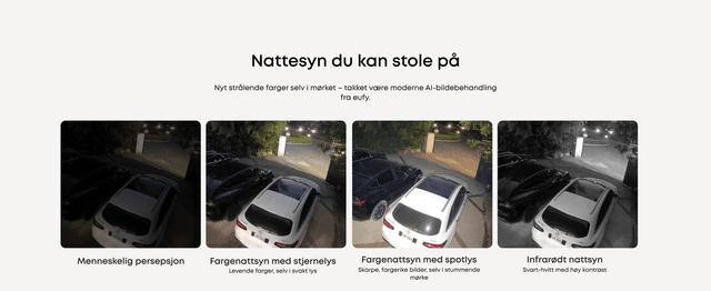Fire bilder fra opptak på nattetid som viser eufys AI‑bildebehandling 
