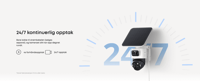 eufyCam S4‑sikkerhetskamera ved siden av grafikk som fremhever 24/7 kontinuerlig opptak