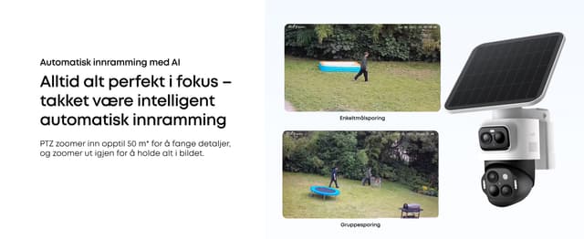 eufyCam S4 ved siden av to bilder fra en overvåkingsvideo som viser kameraets automatiske sporing