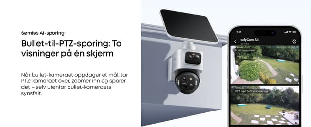 eufyCam S4 sikkerhetskamera ved siden av en smarttelefon som viser to ulike hageopptak