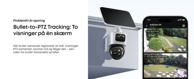 Et eufyCam S4 overvågningskamera ved siden af smartphone der viser en have