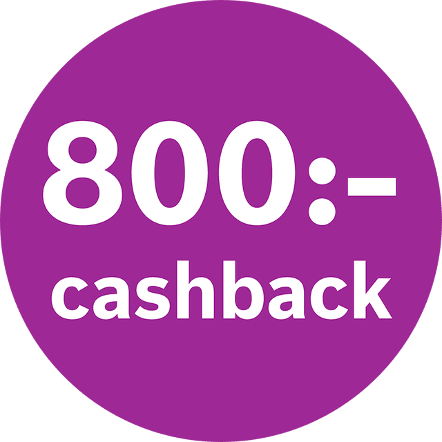 Lila cirkel med texte; 800 kronor cashback