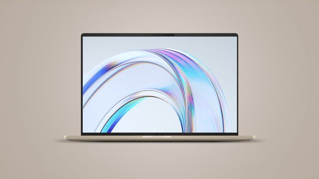 Frontbilde av en åpen Zenbook A16-PC med en grafisk, fargerik bakgrunn.