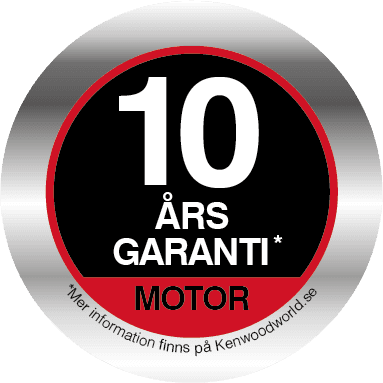 Symbol för Kenwoods motorgaranti med texten; 10 års motorgaranti - mer information finns på Kenwoodworld.se
