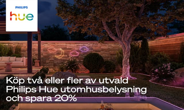 Bild på trädgård och texten; Köp två eller fler av utvald Philips Hue utomhusbelysning och spara 20%