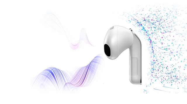 Samsung Galaxy Buds4-ørepropp med visualiserte lydbølger og lydpartikler.