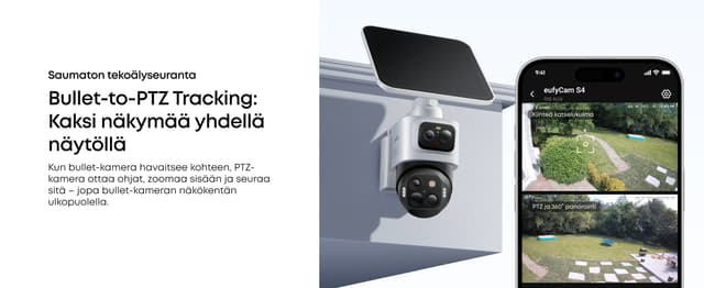 eufyCam S4 ‑turvakamera ja älypuhelin, jonka näytöllä on kaksi puutarhanäkymää