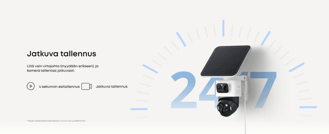 eufyCam S4 ‑turvakamera grafiikoiden vieressä, jotka korostavat 24/7‑jatkuvaa tallennusta