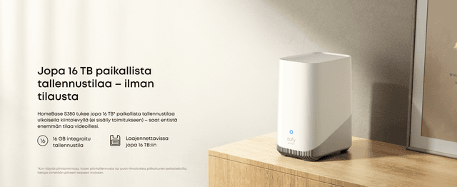 Valkoinen HomeBase‑keskus puisen kaapin päällä