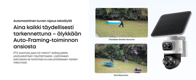 Kaksi valvontavideonäkymää, joissa näkyy automaattinen kohteen rajaus puutarhassa, eufyCam S4 ‑kameran vieressä