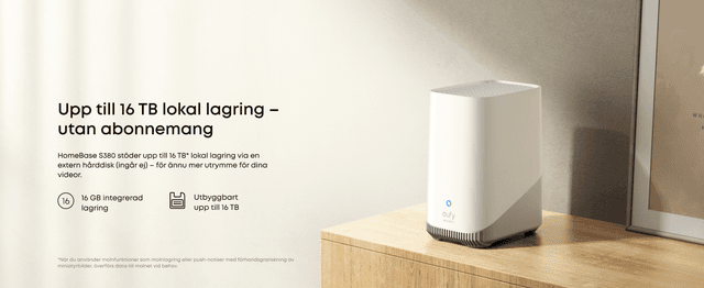 En vit HomeBase-enhet placerad på en trä möbel, med text om dess lokala lagring på upp till 16 TB