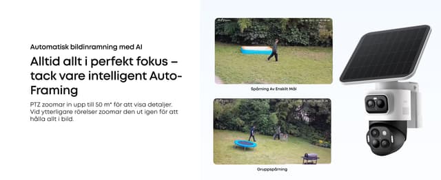 Två bilder från övervakningskameran som visar dess intelligenta auto-framing i en trädgård, visas bredvid en eufyCam s4
