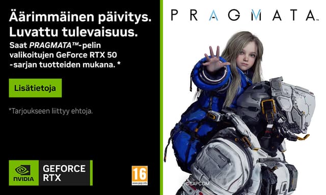 Nvidia GeForce RTX50 -sarja & PRAGMATA™ Standard Edition -pakettitarjous sekä kuva pelihamoista tytöstä ja robotista