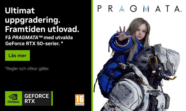 Nvidia GeForce RTX50 Series & PRAGMATA™ Standard Edition paketerbjudande banner med bild av en tjej och en robot