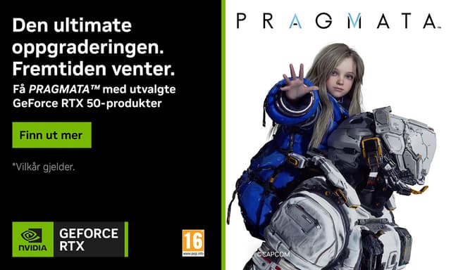Banner for pakketilbud med Nvidia GeForce RTX 50-serien og PRAGMATA™ Standard Edition.