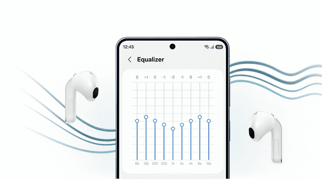 En smartphone-skärm som visar equalizerinställningarna, placerad mellan två trådlösa Samsung Galaxy Buds4-hörlurar.