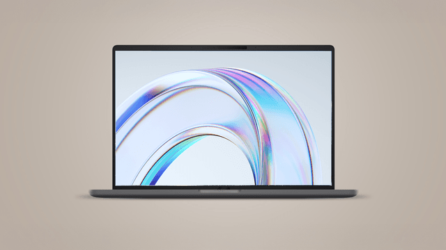 Edestä päin otettu kuva Zenbook A14 -kannettavasta, jonka OLED-näytöllä on abstrakteja kuvioita