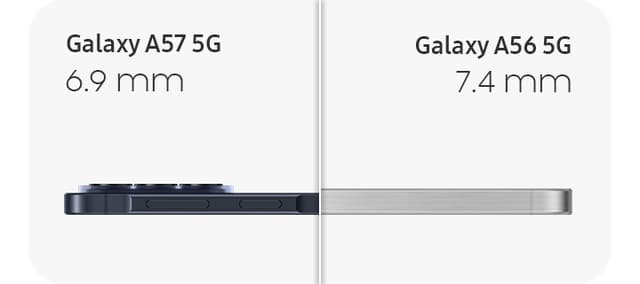 Sammenligning av tykkelsen på Galaxy A57 5G og Galaxy A56 5G.