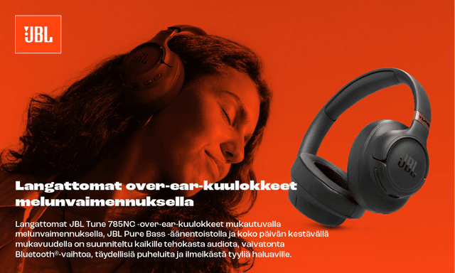 Punainen mainoskuva, jossa naisella on päässään JBL Tune 785 -kuulokkeet