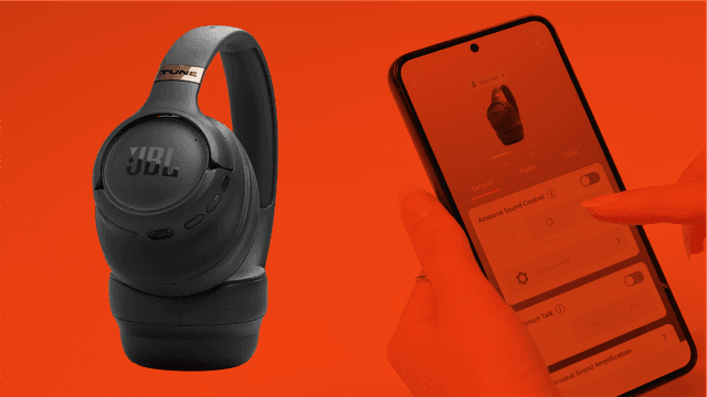JBL Tune 785-hodetelefoner ved siden av en smarttelefonskjerm som viser JBL Headphones-appen