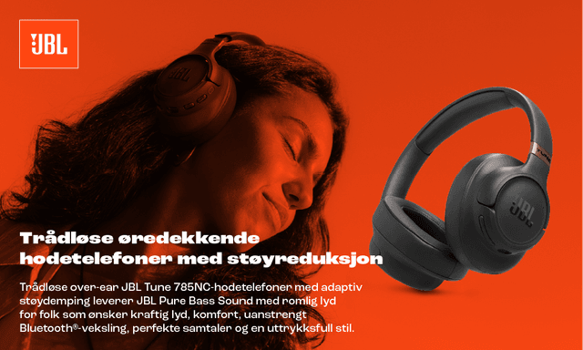 JBL Tune 785-hodetelefoner produktbanner med bilde av en kvinne som har dem på.