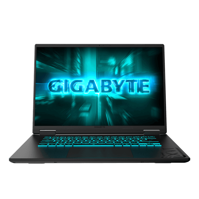 Tuotekuva mustasta Gigabyte‑pelikannettavasta valkoista taustaa vasten