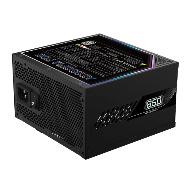 Produktbillede af en sort Gigabyte strømforsyningsenhed på en hvid baggrund