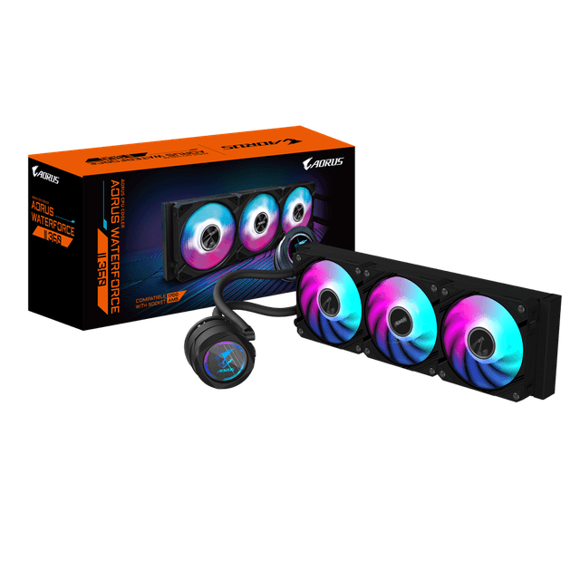 Produktbillede af en sort Gigabyte-vandkøler mod en hvid baggrund