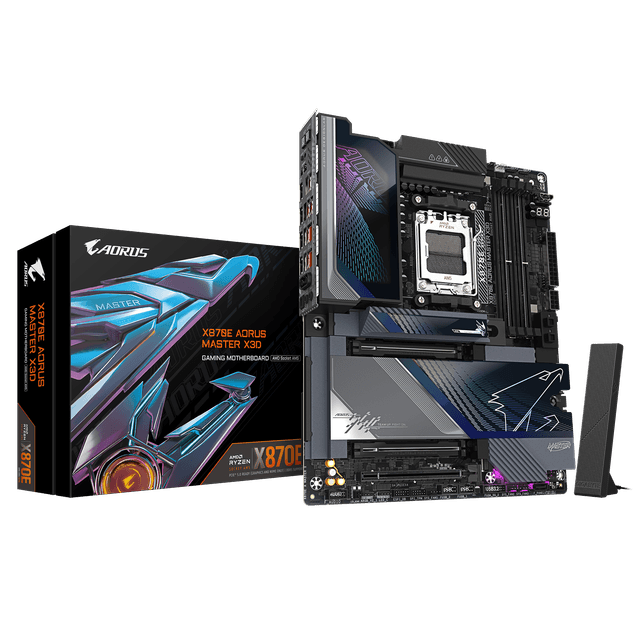 Produktbillede af et sort Gigabyte-bundkort på en hvid baggrund