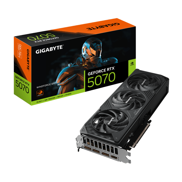 Produktbild av svart Gigabyte grafikkort mot vit bakgrund