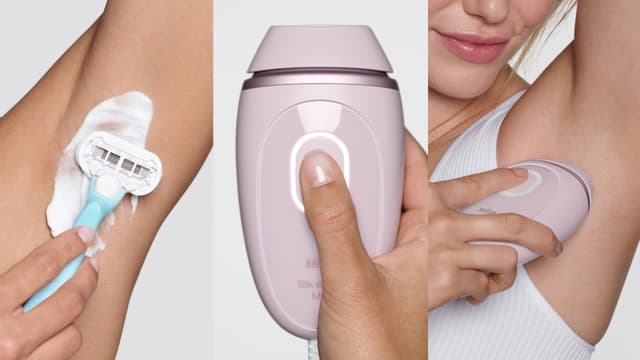 Kvinna rakar sig och använder IPL Silk·expert Mini under armen