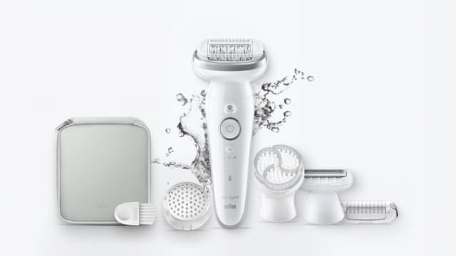Den vita Braun Silk·épil 9 och dess tillbehör