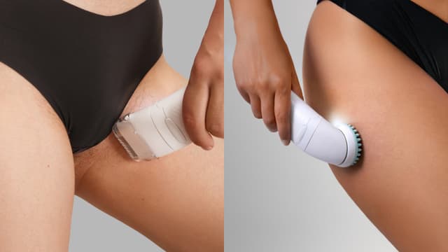 Kvinna använder raknings- och massage-funktionen på sin Braun Silk·épil 7 Skin Spa epilator