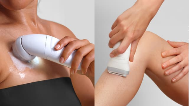 Kvinna använder Braun Silk·épil 7 Skin Spa epilator på bröstet och benet