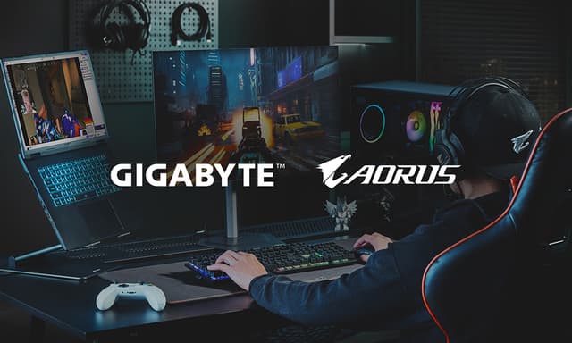 Gigabyte gamingudstyr – mand spiller videospil med et professionelt setup