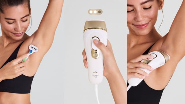 Kahdessa kuvassa nainen ajelee kainaloitaan höylällä, sekä Braun IPL Silk·expert Pro 5 -valoimpulssilaitteella