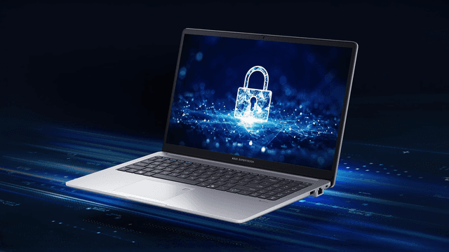 ASUS ExpertBook P1 bärbar dator med ett säkerhetslåsgrafik på skärmen, visad mot en mörk bakgrund.