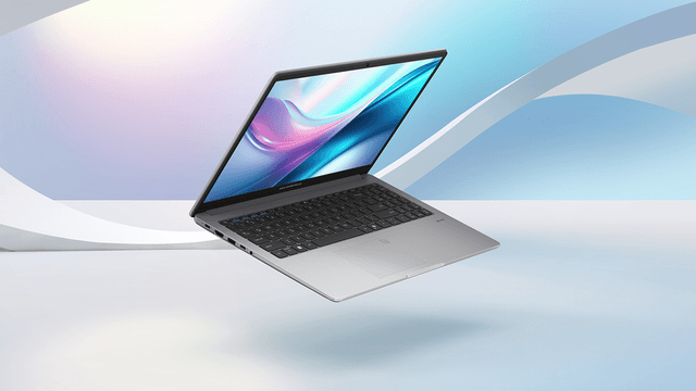 ASUS ExpertBook P1 bärbar dator framför en bakgrund med mjuka, böjda former i ljusa pastelltoner.